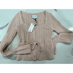 Pink Rose Ballet Cardigan Sweater Blush Pink Pointelle Knit Square Neck XS